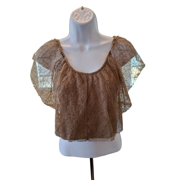 Umgee Womens Crop Top  Medium Brown Lace Flutter Sleeves Crochet USA Boho Y2K - Picture 1 of 9